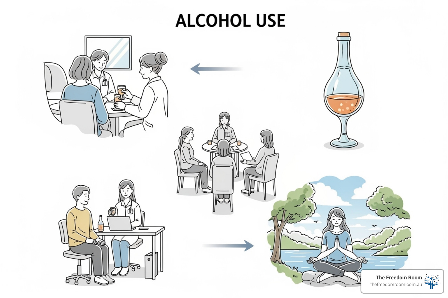 Illustration showing different components of alcohol use treatment, including medical consultations, group support, and mindfulness practices.
