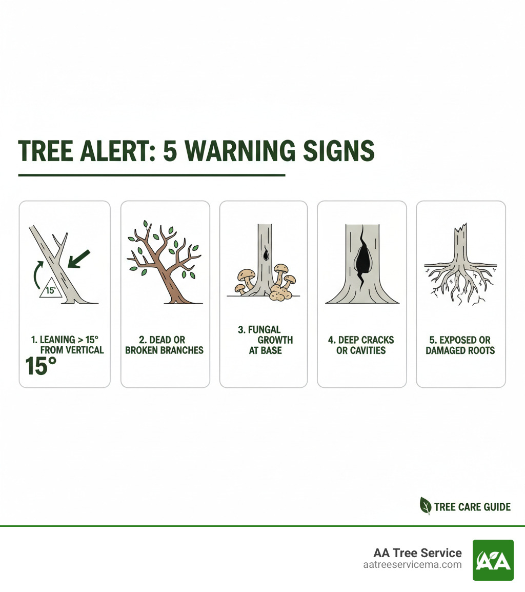 infographic showing five warning signs that a tree needs professional attention: a tree leaning more than 15 degrees from vertical, large dead or broken branches in the canopy, visible fungal growth or mushrooms at the tree base, deep cracks or cavities in the trunk, and exposed or damaged root systems - tree service winchester ma infographic 