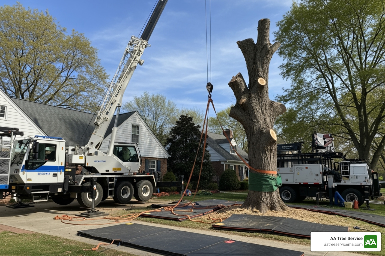 A tree service crew safely removing a large tree using specialized equipment and protective barriers - tree service winchester ma