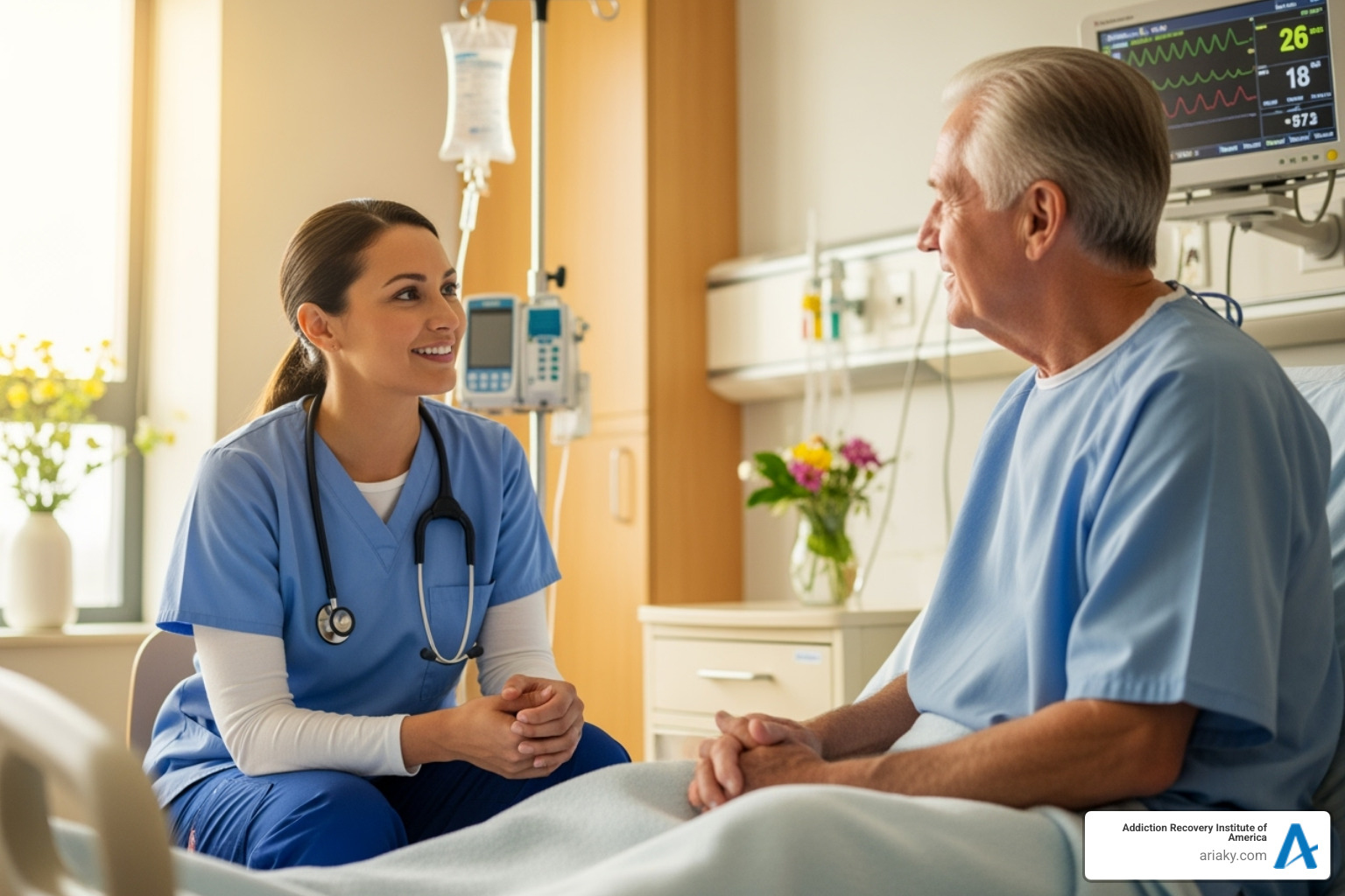 A compassionate nurse speaking with a patient - medical detox A compassionate nurse speaking with a patient - medical detox