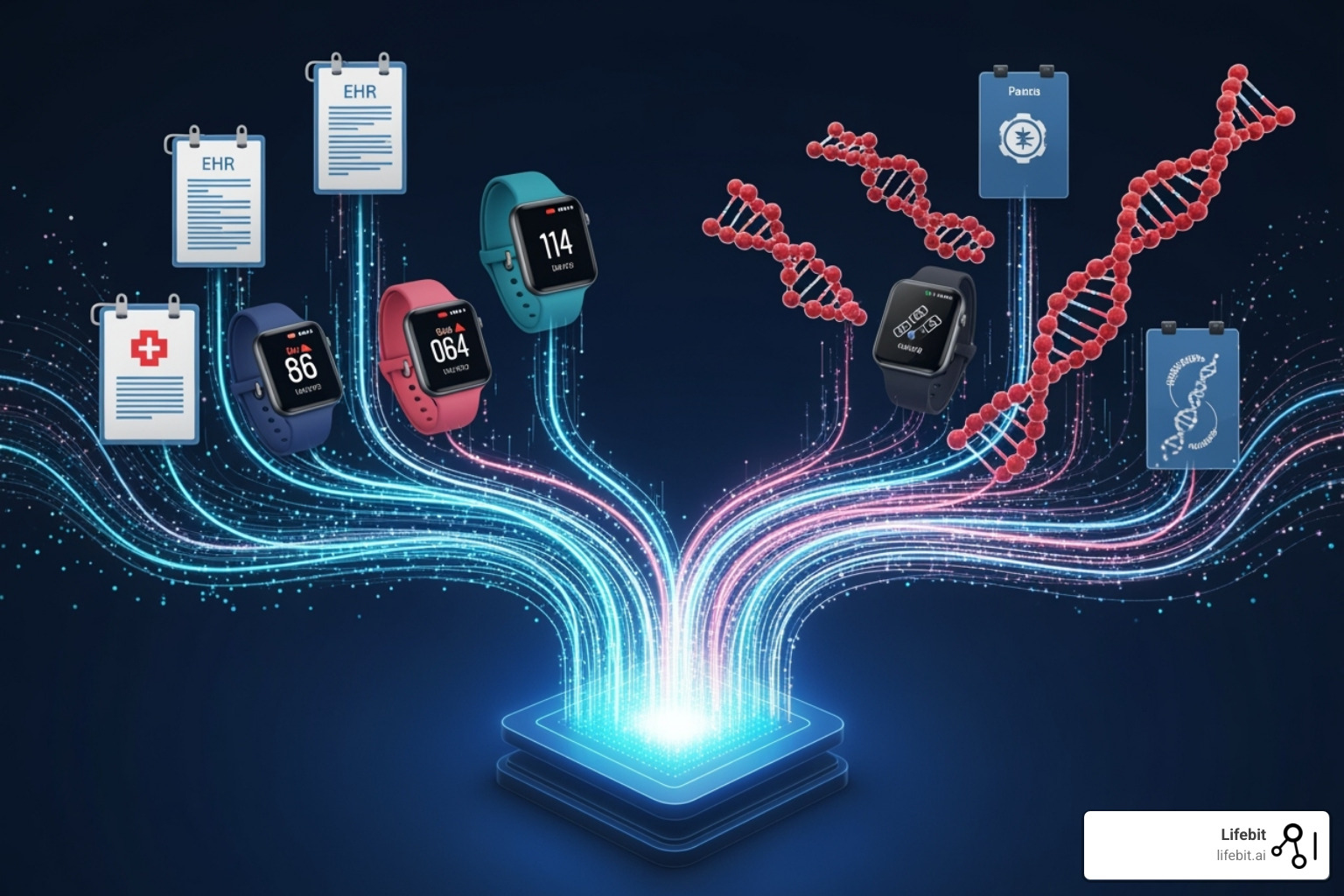 interconnected data sources like EHRs, wearables, and genomics flowing into a central analytics platform - Clinical trial data analytics