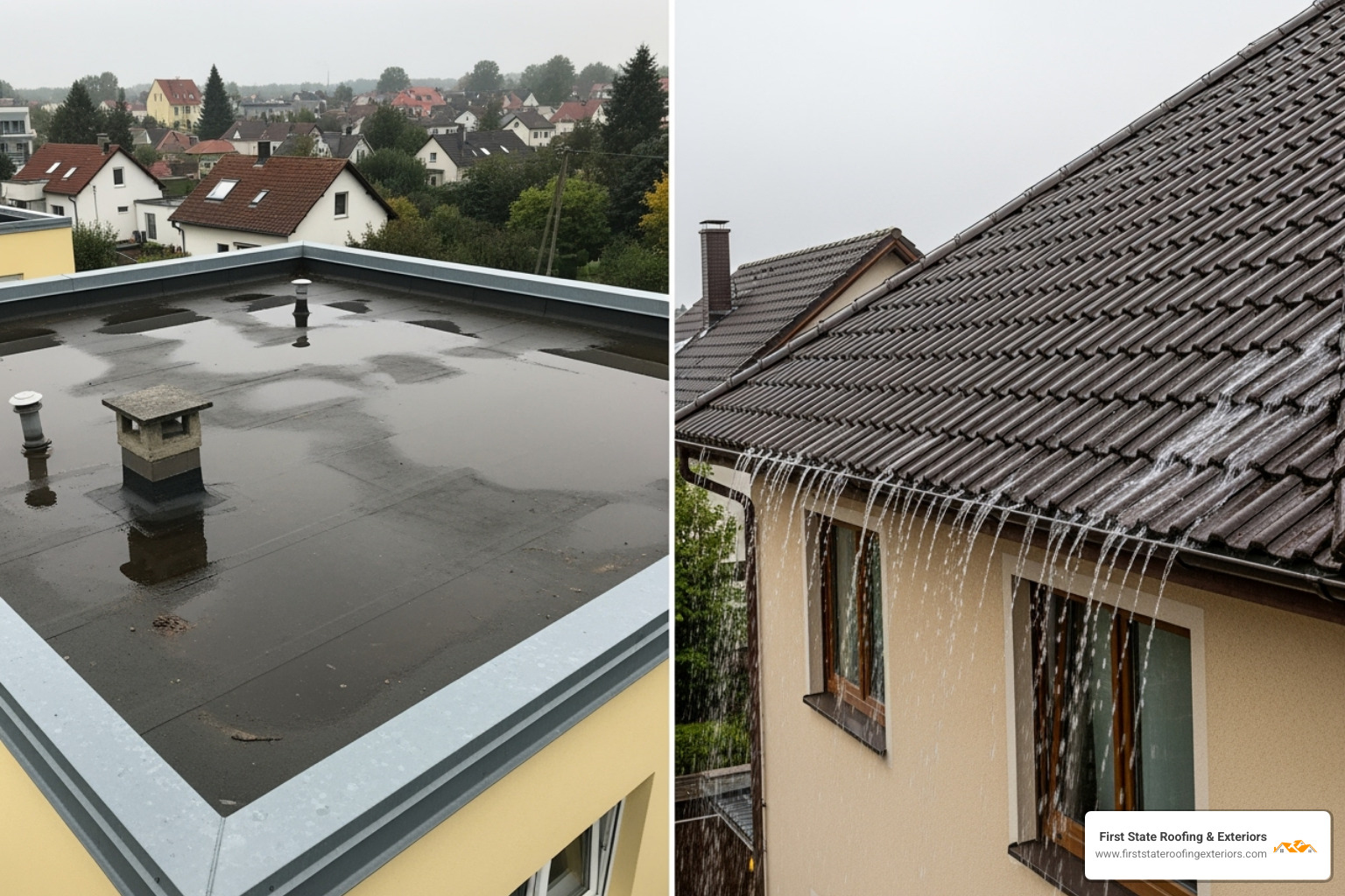 side by side comparison of water pooling on a flat roof versus effectively shedding off a pitched roof - change flat roof to pitched side by side comparison of water pooling on a flat roof versus effectively shedding off a pitched roof - change flat roof to pitched