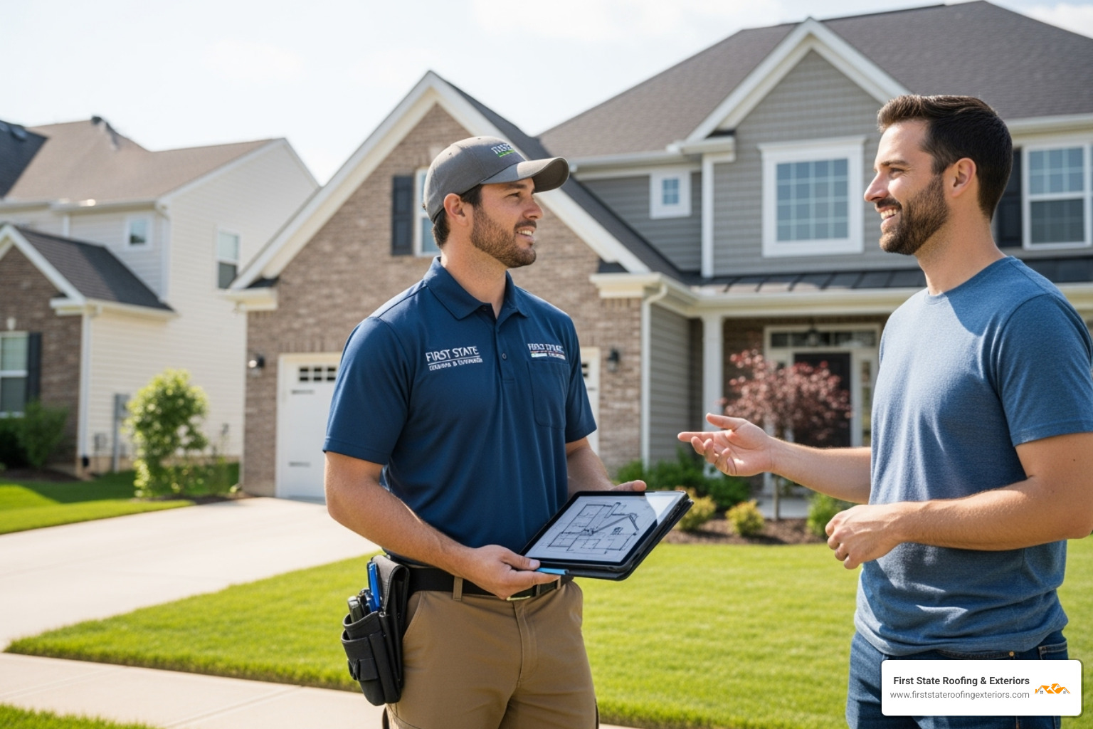 friendly professional roofer from First State Roofing & Exteriors discussing plans with a homeowner in front of their house, both smiling - change flat roof to pitched friendly professional roofer from First State Roofing & Exteriors discussing plans with a homeowner in front of their house, both smiling - change flat roof to pitched