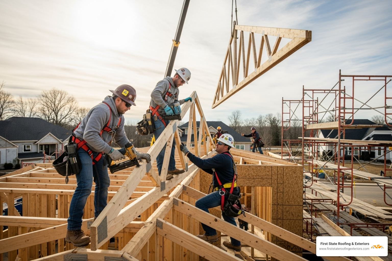 professional crew installing pre-engineered wooden trusses onto a home with OSHA safety harnesses - change flat roof to pitched professional crew installing pre-engineered wooden trusses onto a home with OSHA safety harnesses - change flat roof to pitched