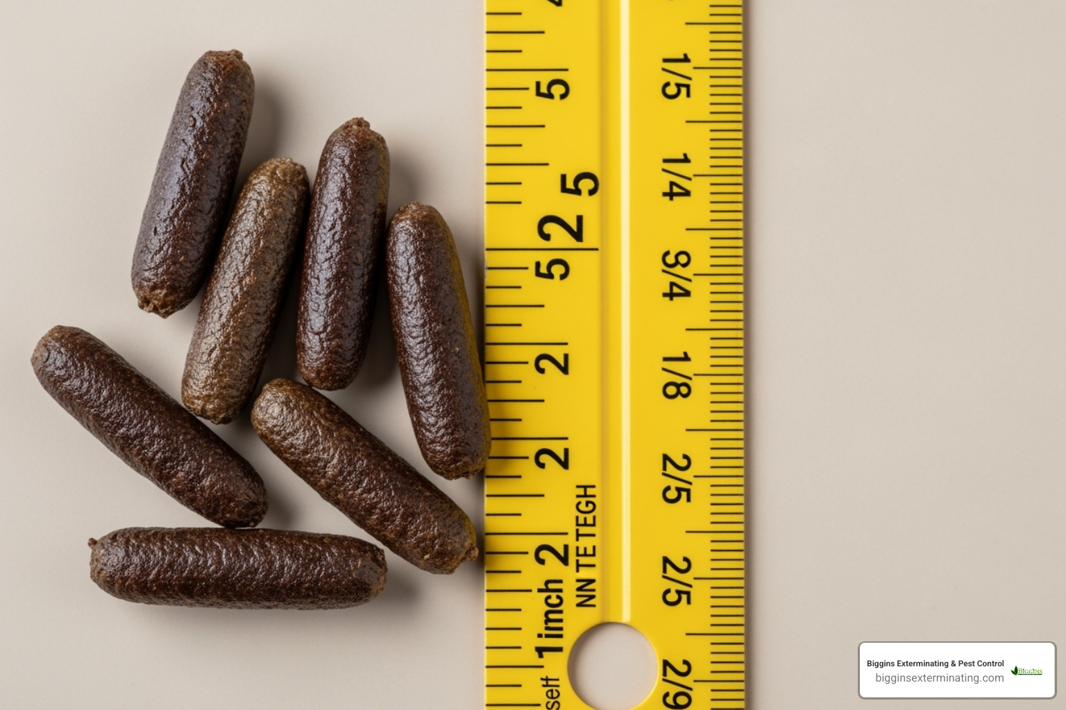 Rat droppings next to a ruler for scale - outdoor rat extermination