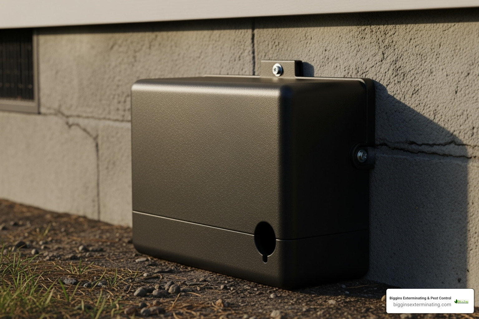 Tamper-proof bait station placed securely along a foundation - outdoor rat extermination