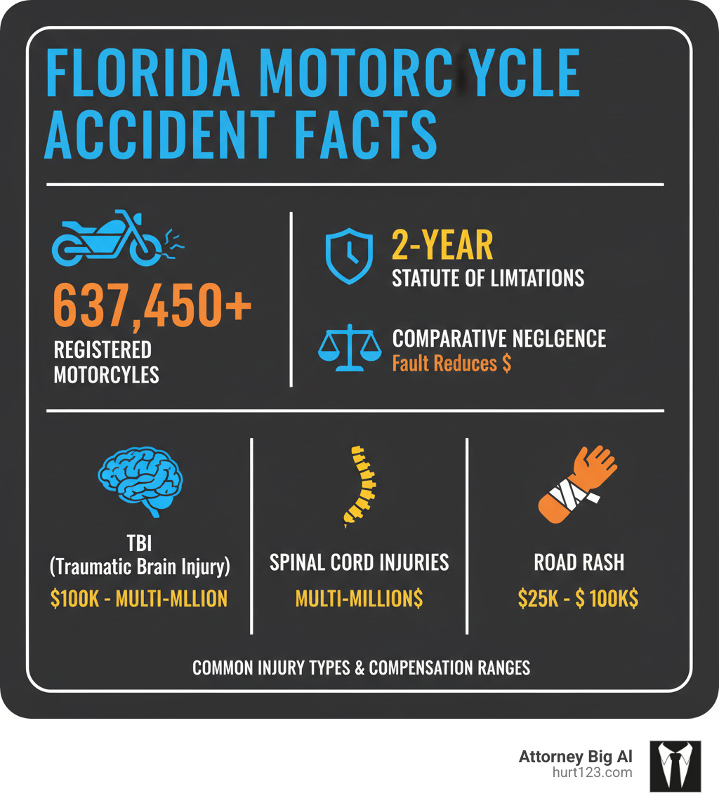 infographic showing motorcycle accident statistics in Florida, the 2-year statute of limitations, Florida's comparative negligence system, and common injury types with typical compensation ranges including TBI at $100k to several million, spinal cord injuries in the multi-millions, and road rash at $25k to $100k - motorcycle accident attorney boca raton infographic 