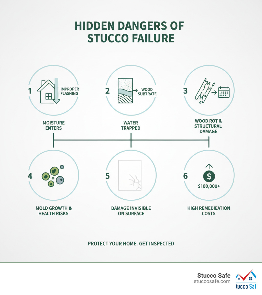 Infographic showing the hidden dangers of stucco failure: 1) Moisture enters through improper flashing or missing weep screeds, 2) Water becomes trapped behind stucco cladding against wood substrate, 3) Trapped moisture causes wood rot and structural damage over years, 4) Mold growth creates health risks, 5) Damage remains invisible on surface until extensive deterioration occurs, 6) Remediation costs can exceed $100,000 if not caught early - stucco inspection Chester County infographic 
