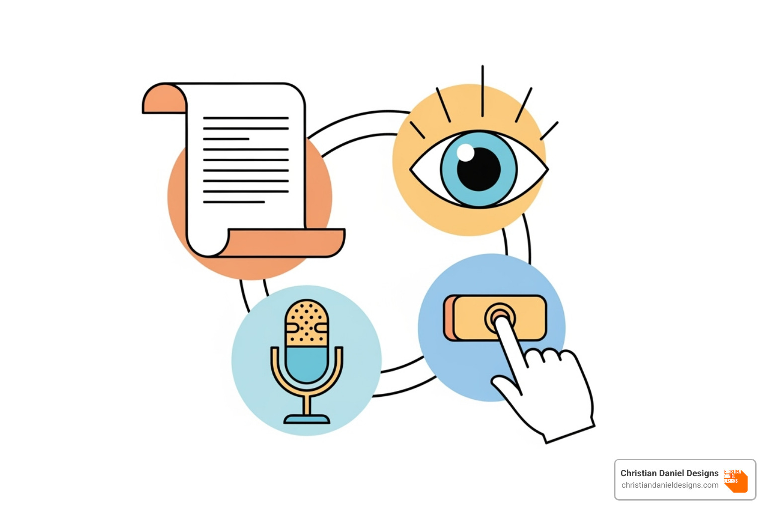 Illustration of four interconnected elements: a script scroll, an eye symbolizing visuals, a microphone for voiceover, and a finger pressing a button for CTA - business explainer video