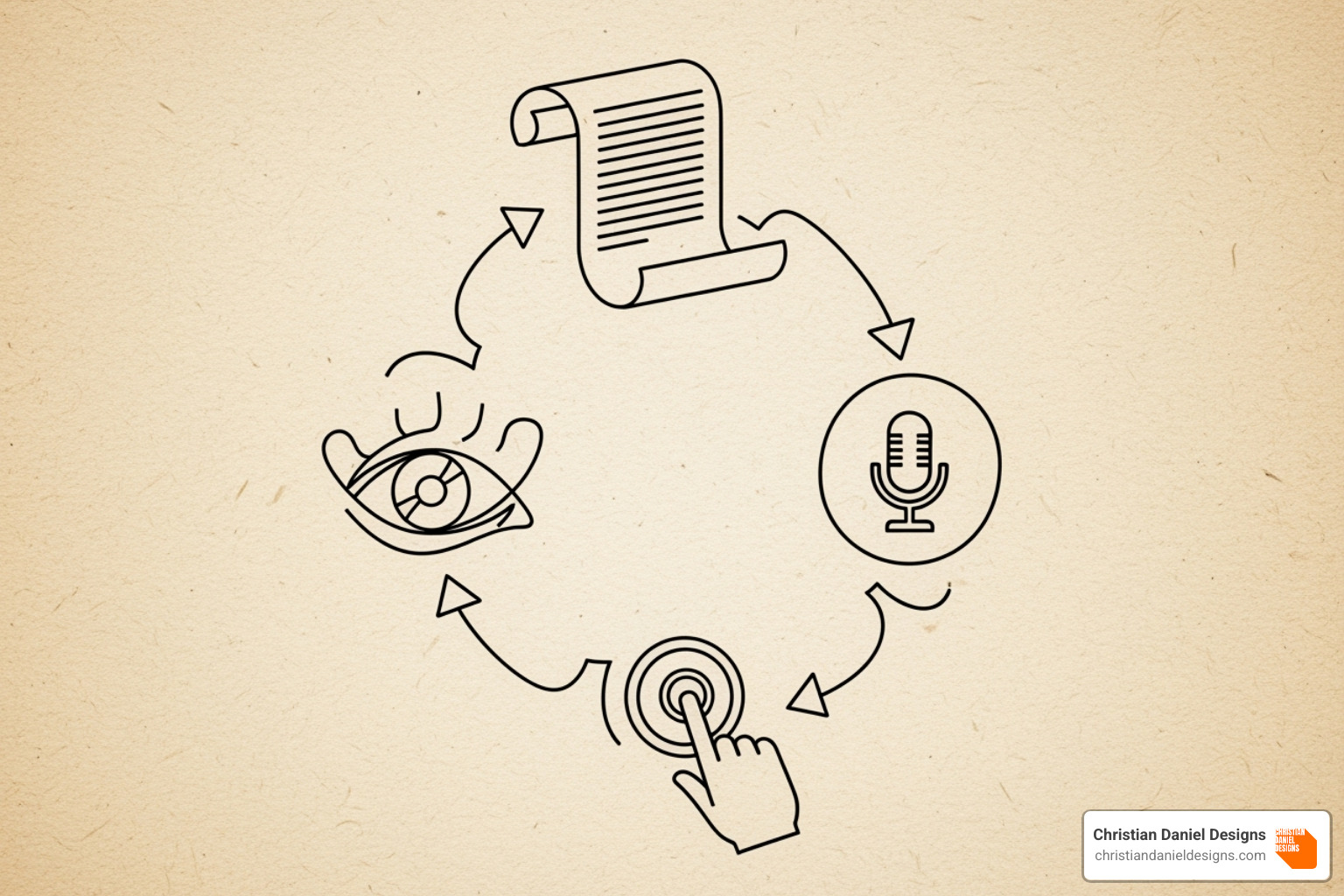 Illustration of four interconnected elements: 1. Script (scroll of paper), 2. Visuals (eye icon), 3. Voiceover (microphone icon), 4. CTA (finger pressing button) - business explainer video