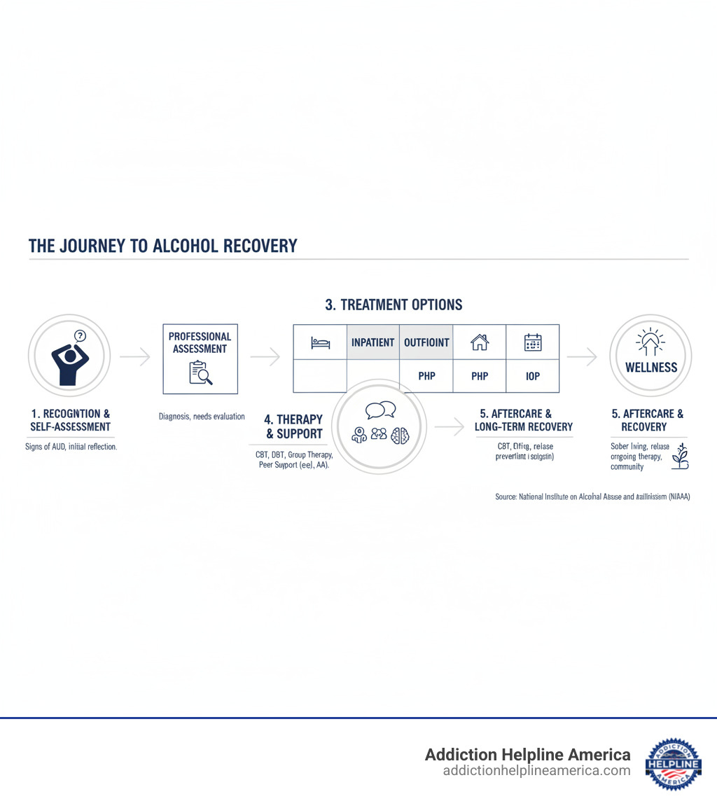 Infographic showing the journey from recognizing alcohol use disorder through assessment, treatment options (inpatient, outpatient, PHP, IOP), therapy and support, to aftercare and long-term recovery - alcohol rehab options infographic  Infographic showing the journey from recognizing alcohol use disorder through assessment, treatment options (inpatient, outpatient, PHP, IOP), therapy and support, to aftercare and long-term recovery - alcohol rehab options infographic