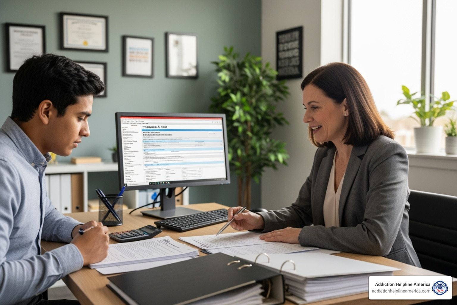 Person reviewing financial aid documents with a staff member - alcohol rehab options Person reviewing financial aid documents with a staff member - alcohol rehab options