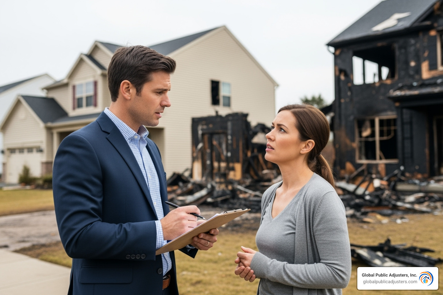 public adjuster inspecting property damage with a homeowner - denied insurance claim