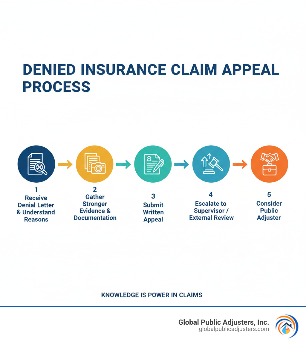 Infographic showing the denied insurance claim appeal process: 1. Receive denial letter and understand reasons, 2. Gather stronger evidence and documentation, 3. Submit formal written appeal within policy timeframe, 4. Escalate to supervisor or external review if needed, 5. Consider hiring a public adjuster for expert negotiation - denied insurance claim infographic 