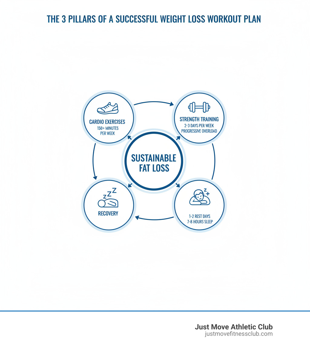 infographic showing three pillars of successful weight loss workout plan: cardio exercises with running shoes icon showing 150+ minutes per week, strength training with dumbbell icon showing 2-3 days per week with progressive overload, and recovery with sleep icon showing 1-2 rest days and 7-8 hours sleep, all surrounding a central goal of sustainable fat loss - best weekly workout routine for weight loss infographic infographic showing three pillars of successful weight loss workout plan: cardio exercises with running shoes icon showing 150+ minutes per week, strength training with dumbbell icon showing 2-3 days per week with progressive overload, and recovery with sleep icon showing 1-2 rest days and 7-8 hours sleep, all surrounding a central goal of sustainable fat loss - best weekly workout routine for weight loss infographic