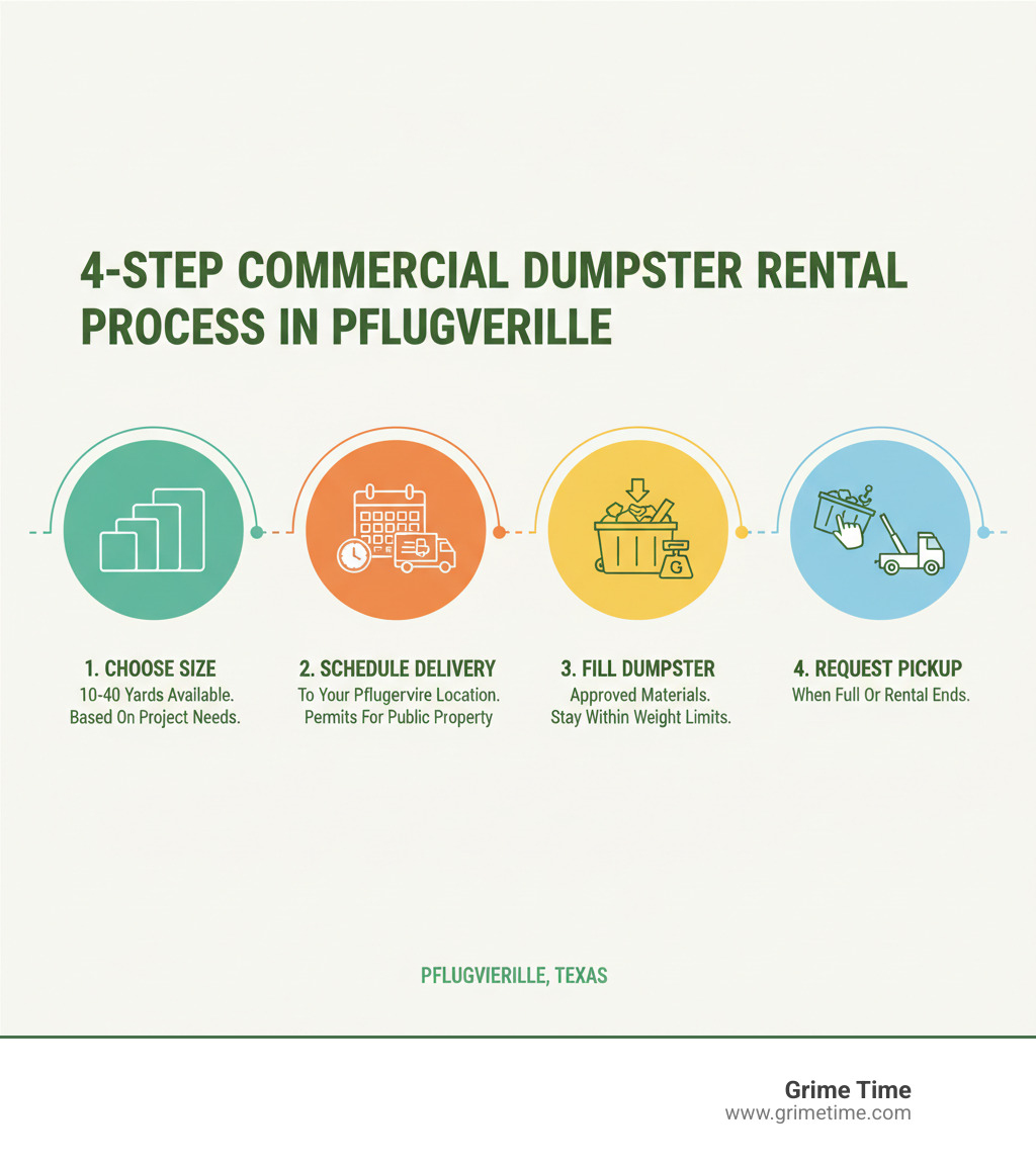 Infographic showing the 4-step commercial dumpster rental process: 1. Choose your dumpster size based on project needs (10-40 yards available), 2. Schedule delivery to your Pflugerville location with required permits if placing on public property, 3. Fill the dumpster with approved materials while staying within weight limits, 4. Request pickup when full or at end of rental period - commercial dumpster rentals in pflugerville infographic 