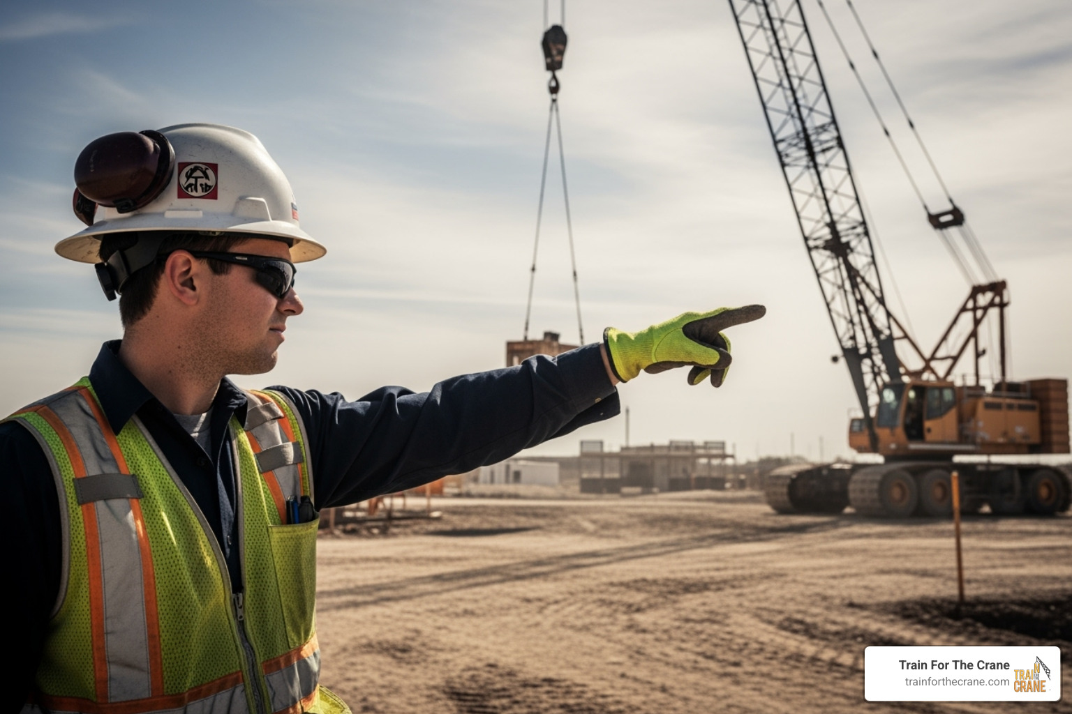 Image of a signal person pointing out a potential hazard near a lift - certified signal person