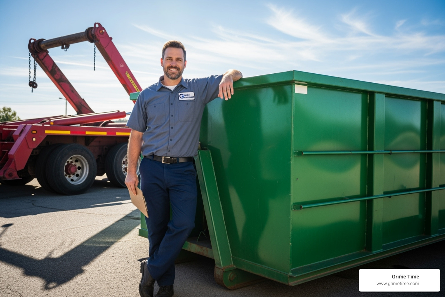 friendly driver delivering a dumpster - commercial dumpster rentals in pflugerville
