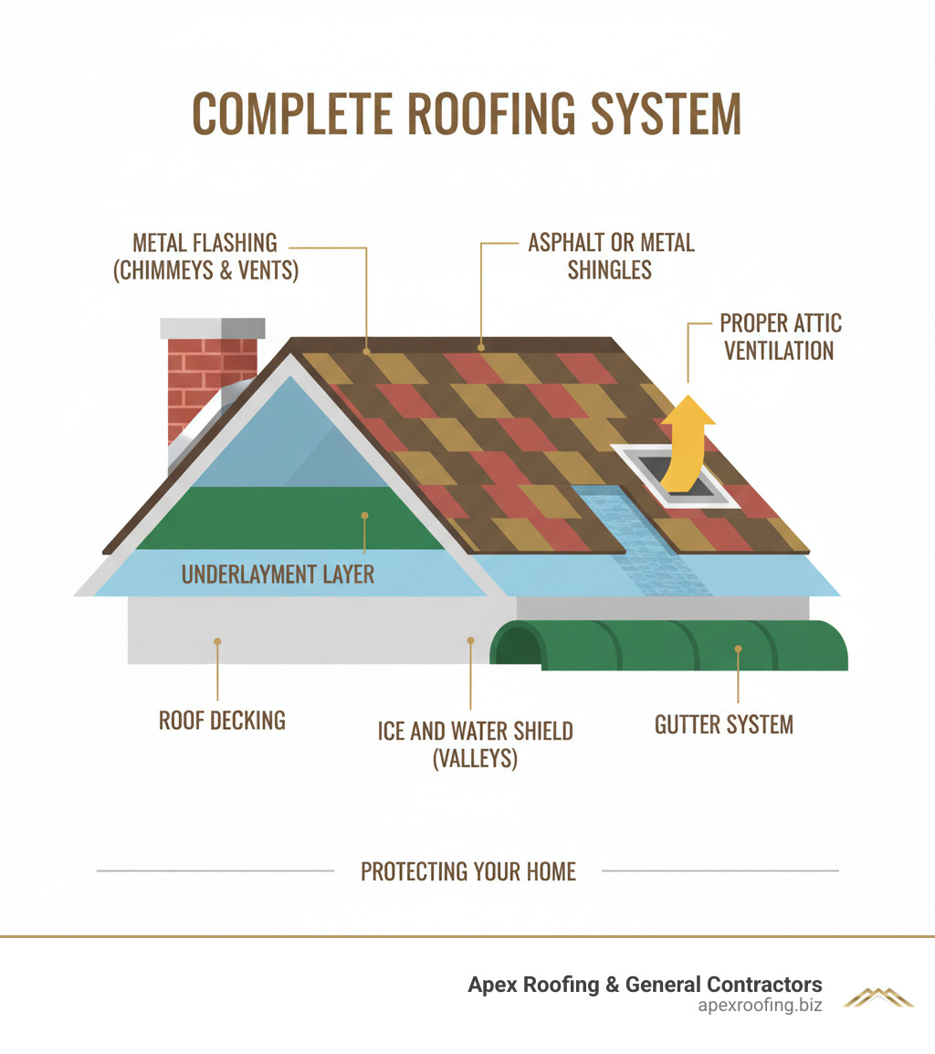 infographic showing the key components of a complete roofing system including roof decking, underlayment layer, asphalt or metal shingles, metal flashing around chimneys and vents, proper attic ventilation, gutter system, and ice and water shield in valleys - roofing services san antonio tx infographic  infographic showing the key components of a complete roofing system including roof decking, underlayment layer, asphalt or metal shingles, metal flashing around chimneys and vents, proper attic ventilation, gutter system, and ice and water shield in valleys - roofing services san antonio tx infographic