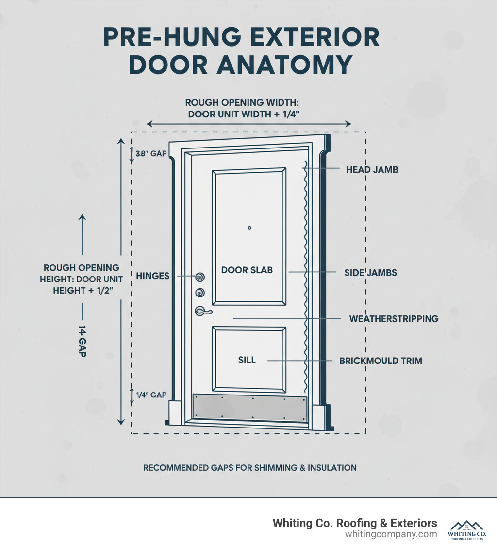 detailed infographic showing the anatomy of a pre-hung exterior door with labeled components including head jamb, side jambs, sill, threshold, door slab, hinges, weatherstripping, brickmould trim, and rough opening dimensions with recommended gaps - Exterior door installation infographic 