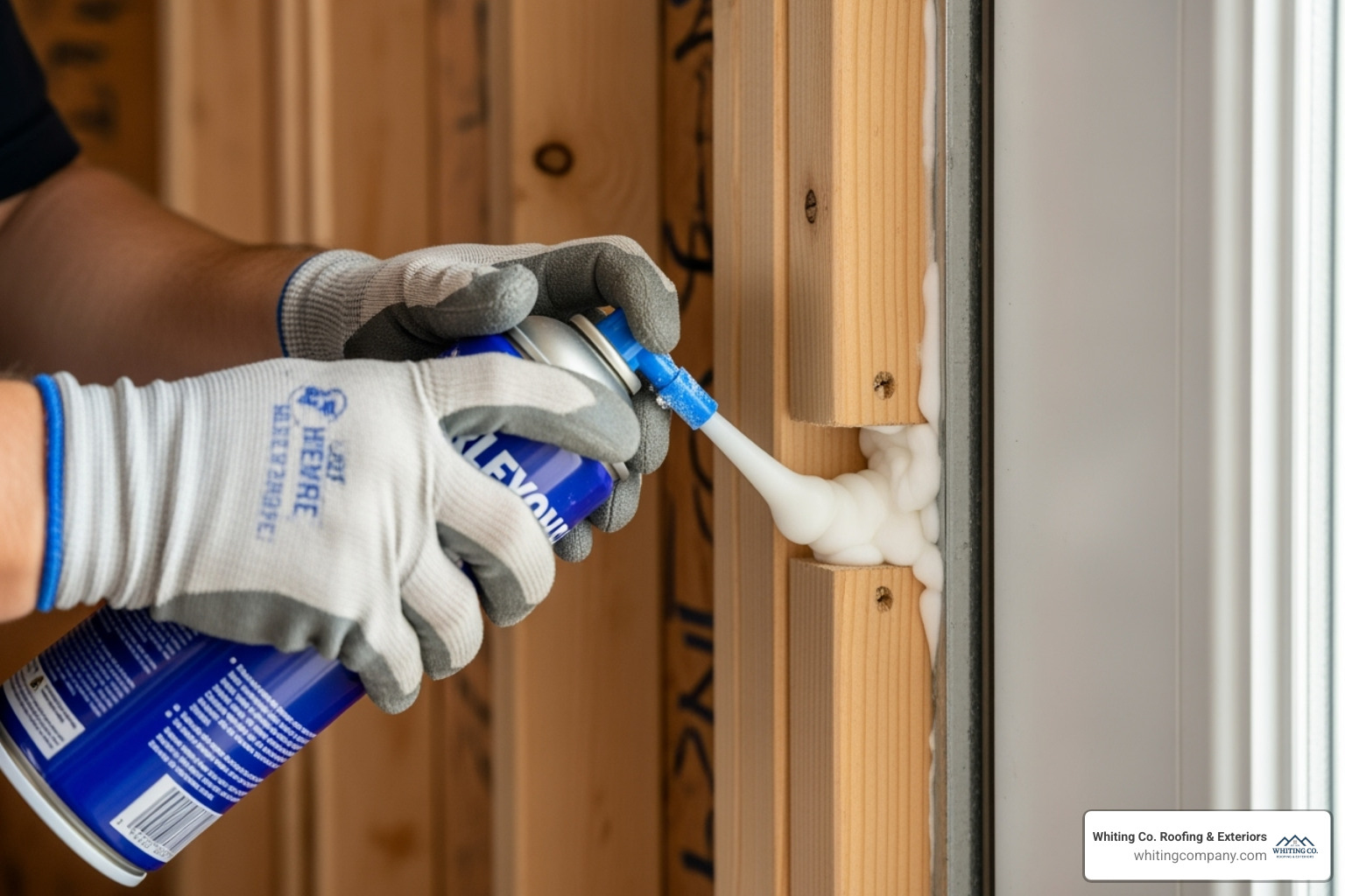 low-expansion foam being applied in the gap around the door frame - Exterior door installation