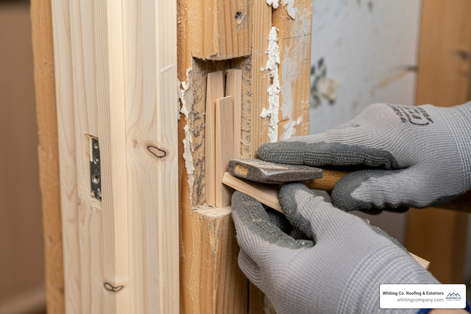 shims being inserted between the door jamb and the rough opening - Exterior door installation