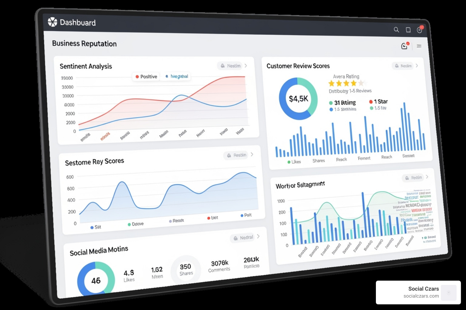 image of a dashboard showing various reputation metrics like sentiment analysis and review scores - business reputation management