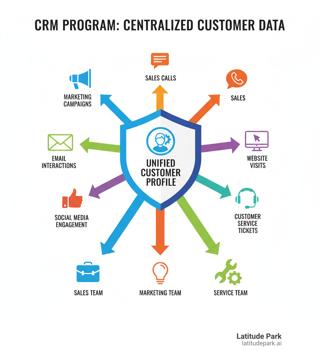 Infographic showing how a CRM program centralizes customer data from multiple touchpoints including marketing campaigns, sales calls, email interactions, website visits, social media engagement, and customer service tickets, all flowing into one unified customer profile that's accessible to sales, marketing, and service teams - crm program infographic 