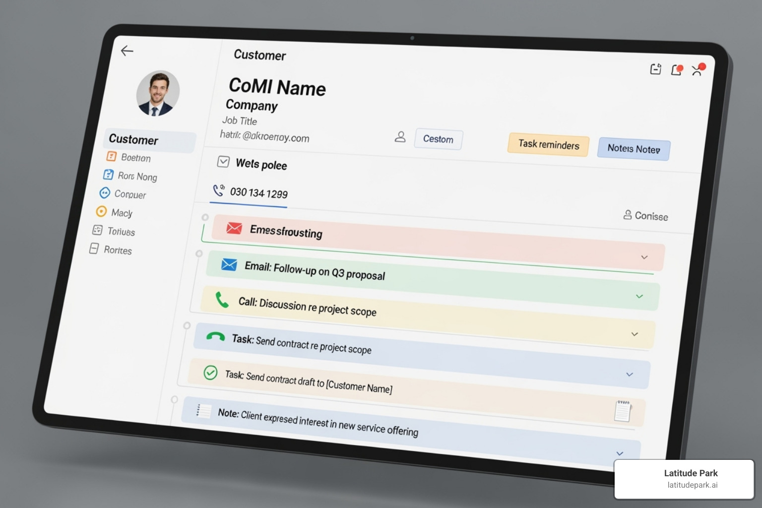 CRM contact record showing a complete timeline of interactions including emails, calls, notes, and tasks - crm program