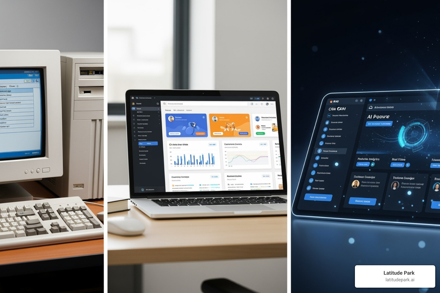 Image illustrating the evolution of CRM from traditional desktop software to modern cloud-based AI-powered platforms - crm program