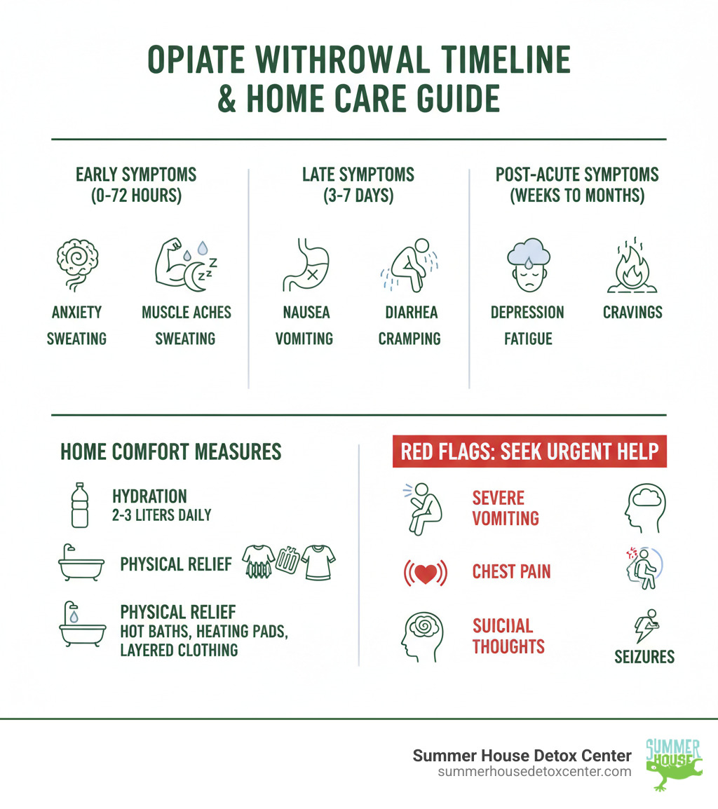 Opiate withdrawal timeline showing early symptoms (0-72 hours): anxiety, muscle aches, sweating, insomnia; late symptoms (3-7 days): nausea, vomiting, diarrhea, cramping; and post-acute symptoms (weeks to months): depression, fatigue, cravings. Includes hydration tips (2-3 liters daily), comfort measures (hot baths, heating pads, layered clothing), and red flags requiring immediate medical help (severe vomiting, chest pain, suicidal thoughts, seizures) - how to ease opiate withdrawal symptoms at home infographic Opiate withdrawal timeline showing early symptoms (0-72 hours): anxiety, muscle aches, sweating, insomnia; late symptoms (3-7 days): nausea, vomiting, diarrhea, cramping; and post-acute symptoms (weeks to months): depression, fatigue, cravings. Includes hydration tips (2-3 liters daily), comfort measures (hot baths, heating pads, layered clothing), and red flags requiring immediate medical help (severe vomiting, chest pain, suicidal thoughts, seizures) - how to ease opiate withdrawal symptoms at home infographic