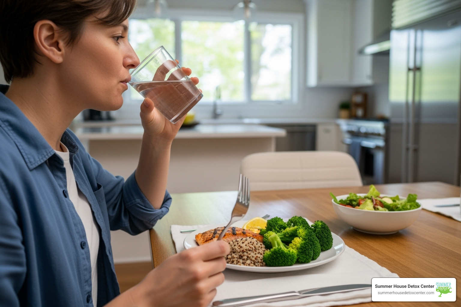 A person drinking water and eating a healthy meal - how to ease opiate withdrawal symptoms at home A person drinking water and eating a healthy meal - how to ease opiate withdrawal symptoms at home