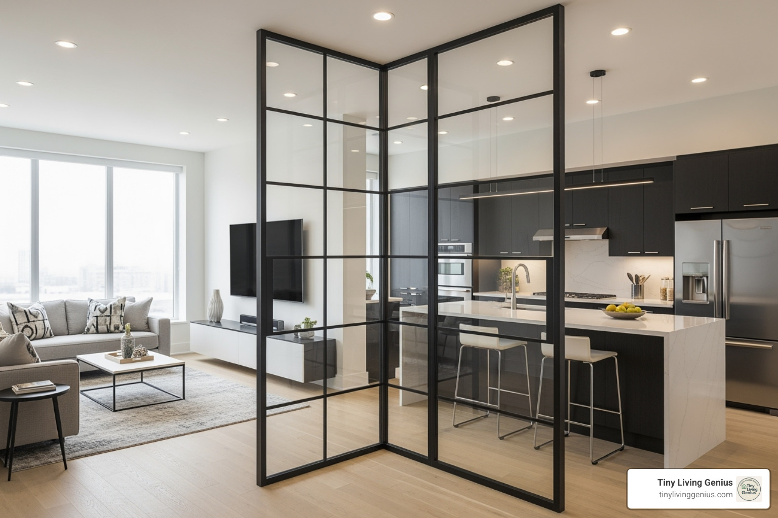 room with a black steel and glass partition separating a living area from a kitchen - room divider ideas