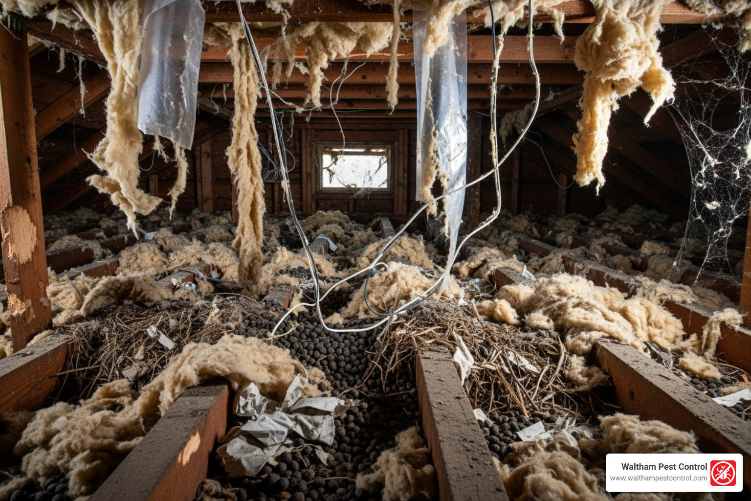 significant attic damage caused by raccoons, such as torn insulation and chewed wires - cost to get rid of raccoons
