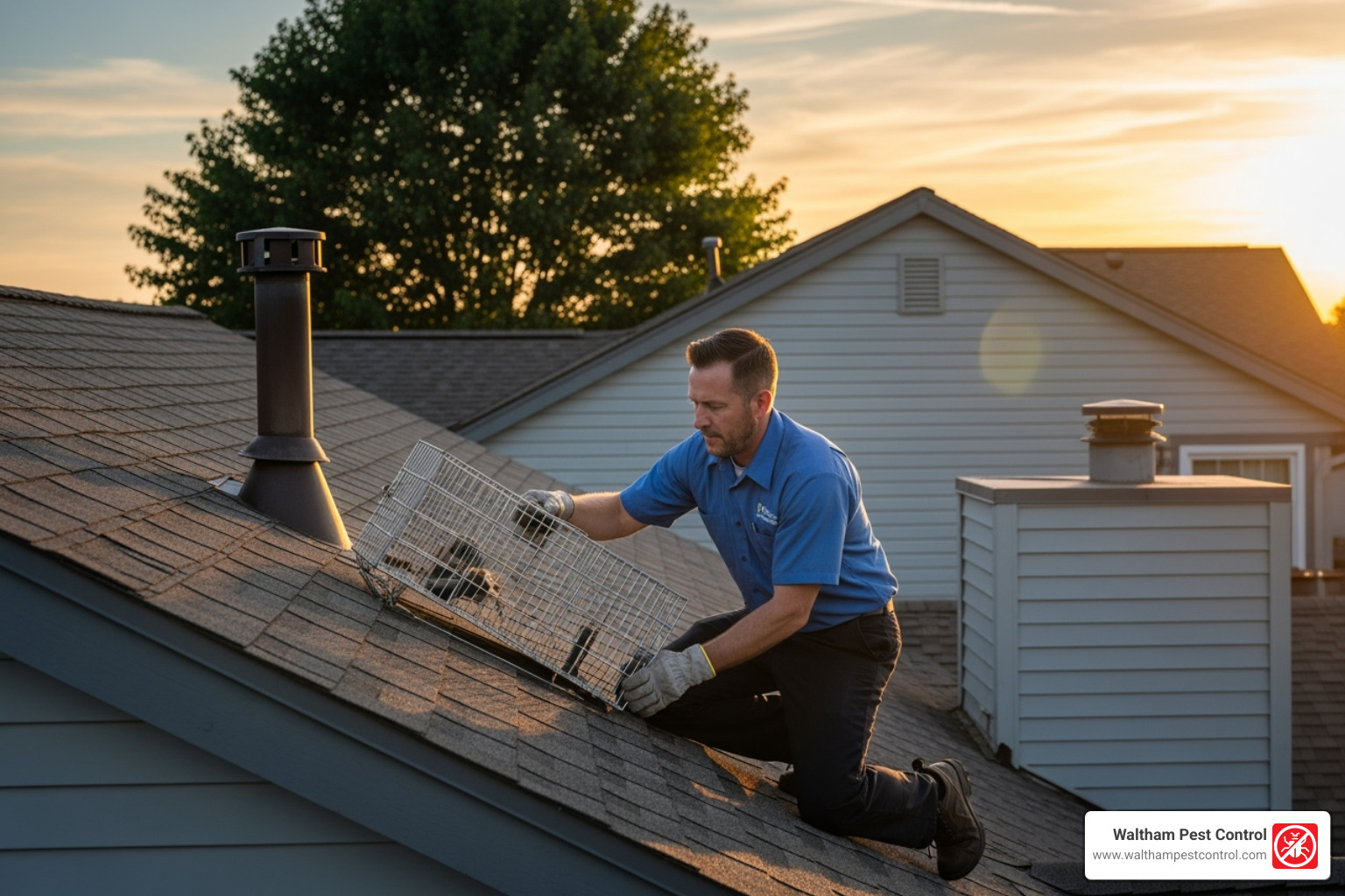 pest control professional setting a humane raccoon trap on a roof - cost to get rid of raccoons