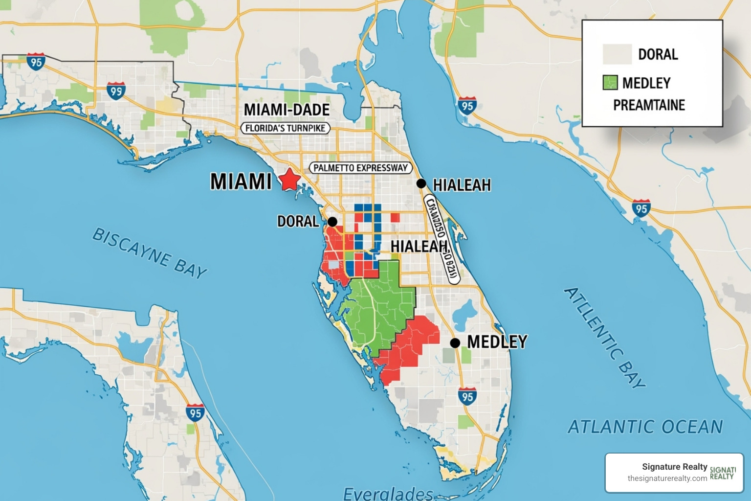map of South Florida highlighting Miami, Doral, Hialeah, and Medley - Commercial lease assistance map of South Florida highlighting Miami, Doral, Hialeah, and Medley - Commercial lease assistance