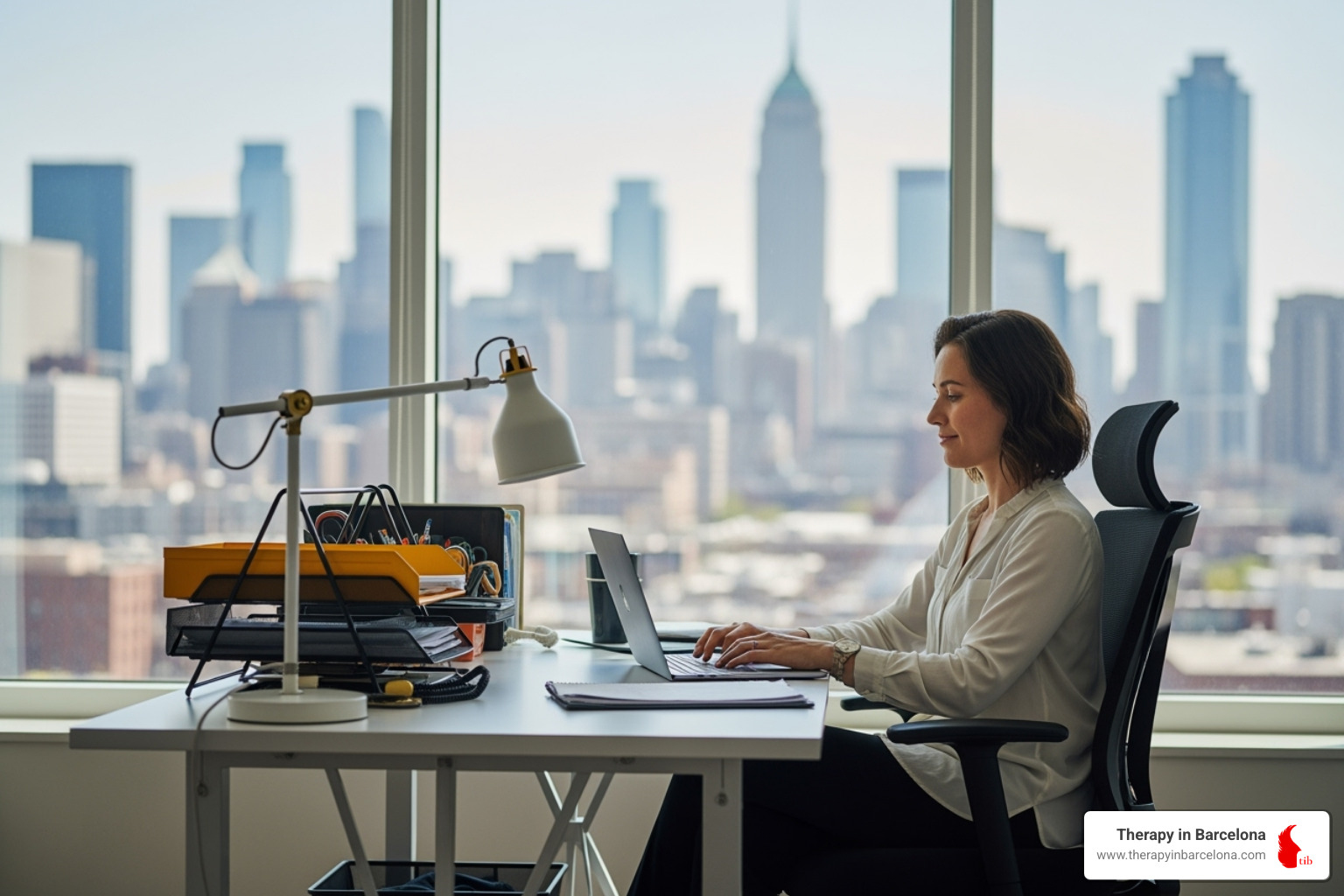 A person sitting calmly and confidently at a desk, looking productive and stress-free, with a bright, organised workspace and a view of a city like Barcelona outside the window. - therapy for work related stress A person sitting calmly and confidently at a desk, looking productive and stress-free, with a bright, organised workspace and a view of a city like Barcelona outside the window. - therapy for work related stress
