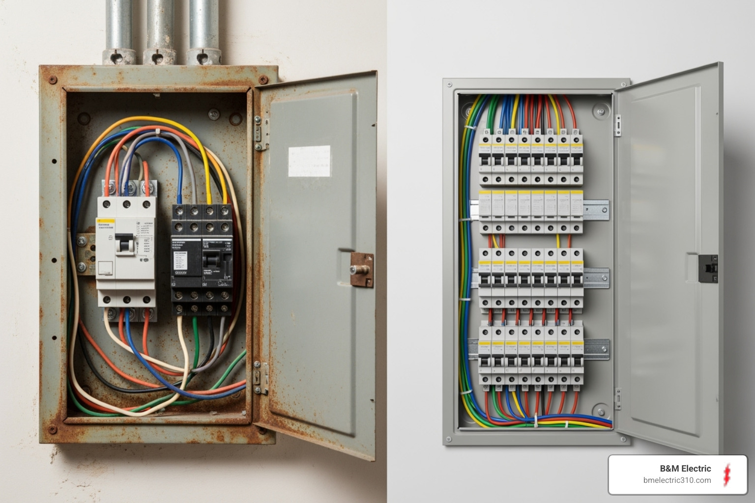 An old, outdated electrical panel next to a new, modern electrical panel, highlighting the difference in safety and capacity - kitchen remodel wiring torrance
