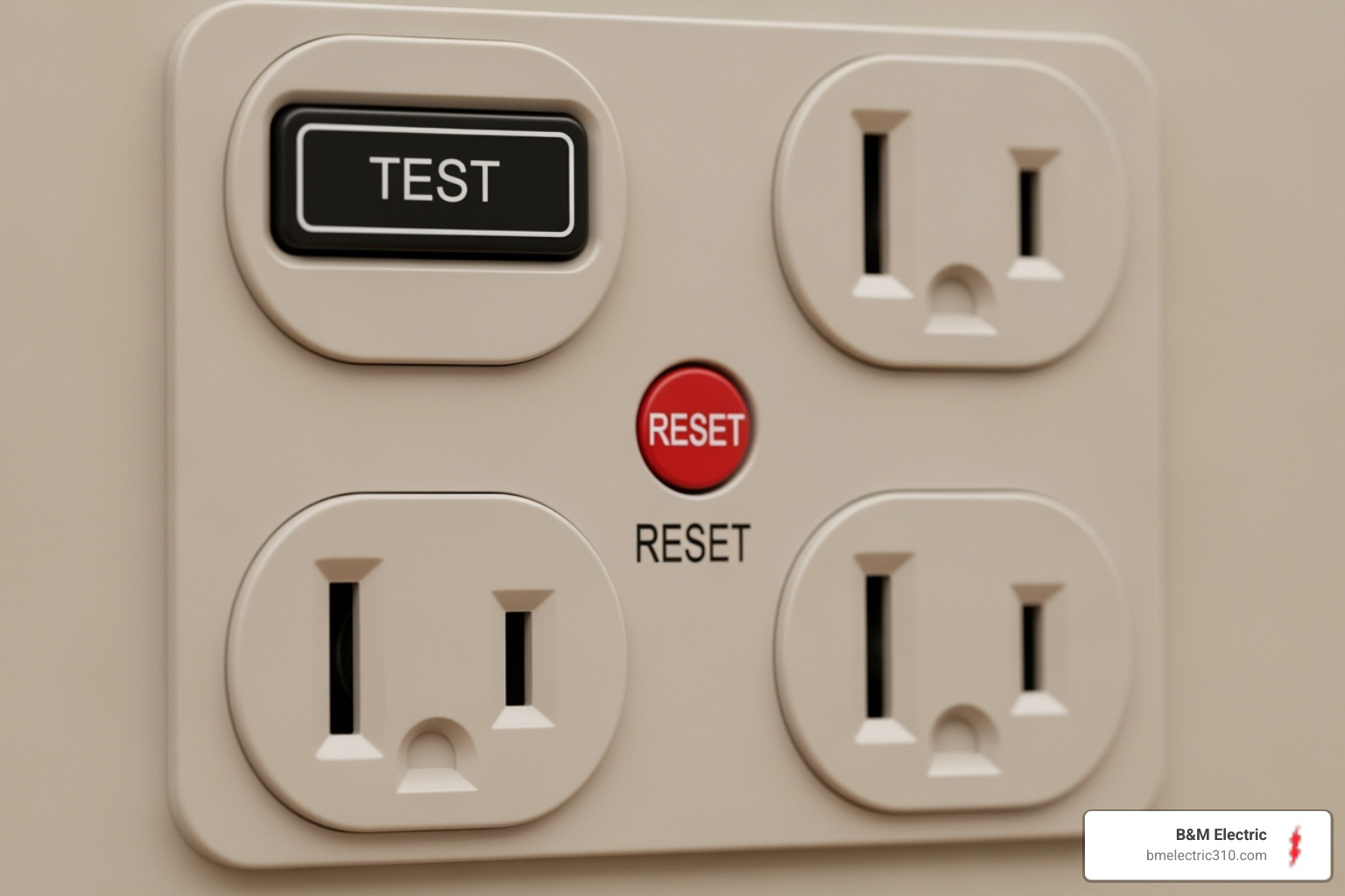 A close-up image of a GFCI outlet with a "test" and "reset" button clearly visible - kitchen remodel wiring torrance