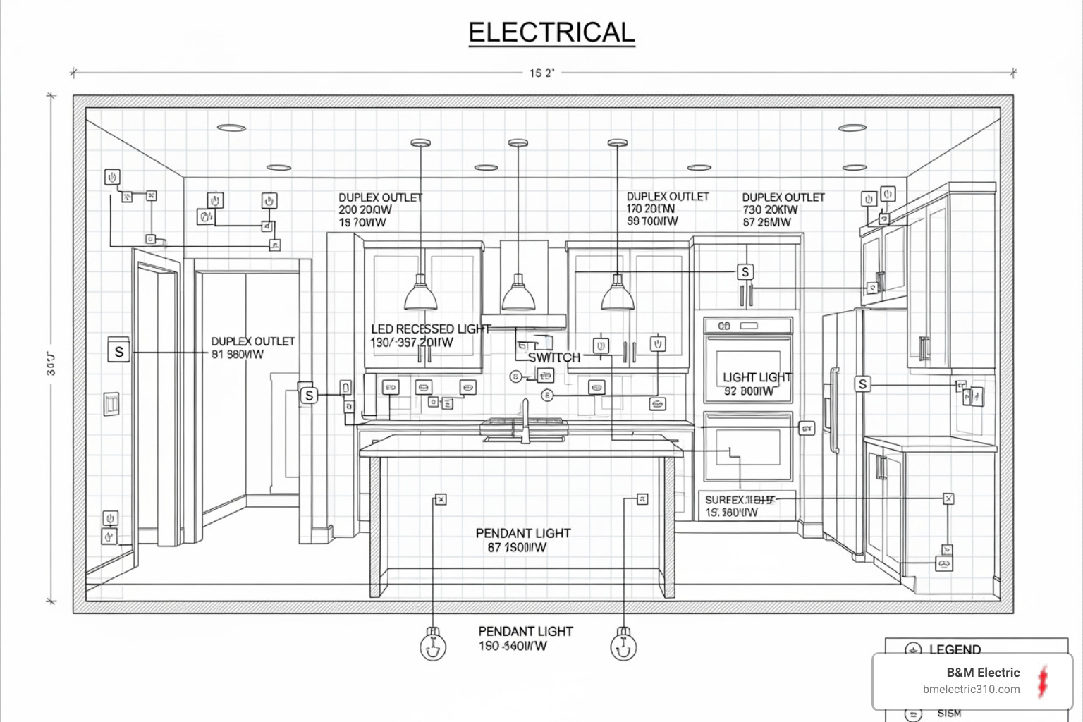 A kitchen blueprint showing detailed electrical outlet and lighting placement, with labels for different types of circuits - kitchen remodel wiring torrance