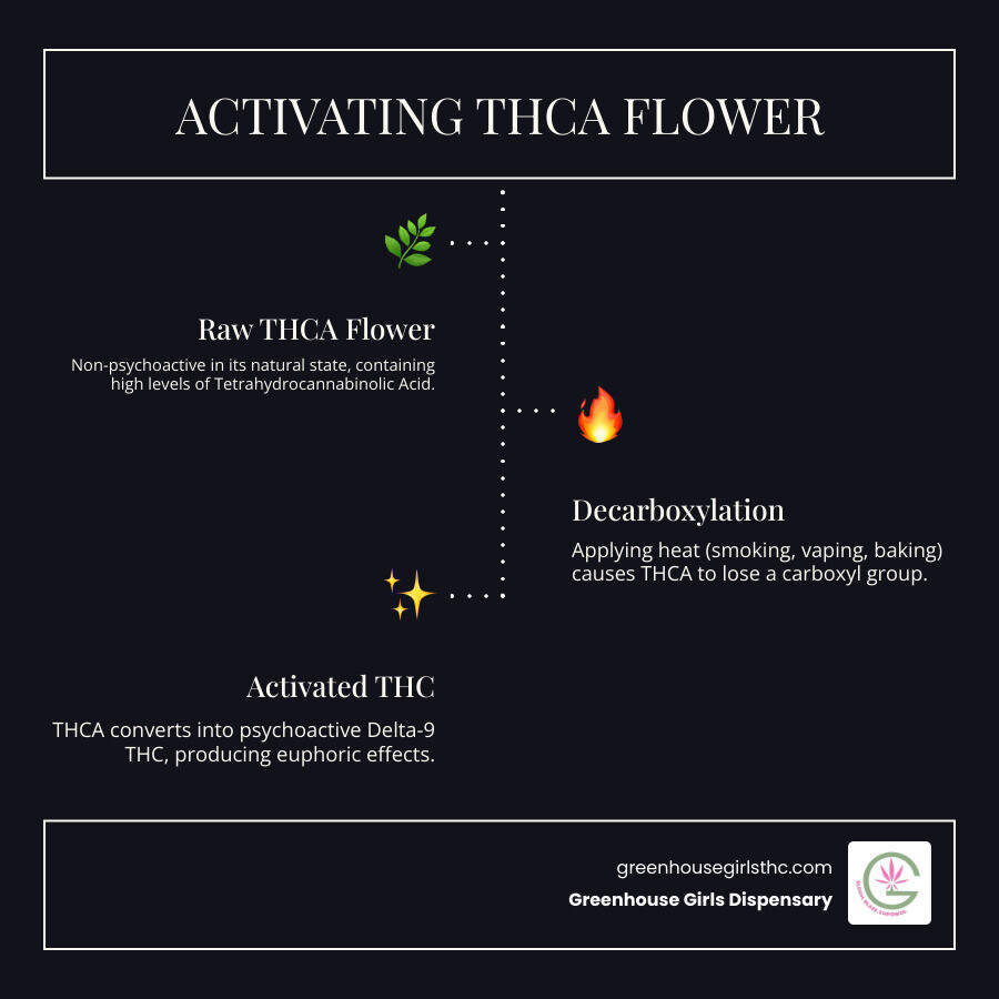 infographic showing raw THCA flower on left with non-psychoactive label, arrow pointing to flame symbol, then activated THC flower on right with psychoactive label, including molecular structure diagrams showing THCA losing carboxyl group to become THC - thca flower infographic infographic-line-3-steps-dark