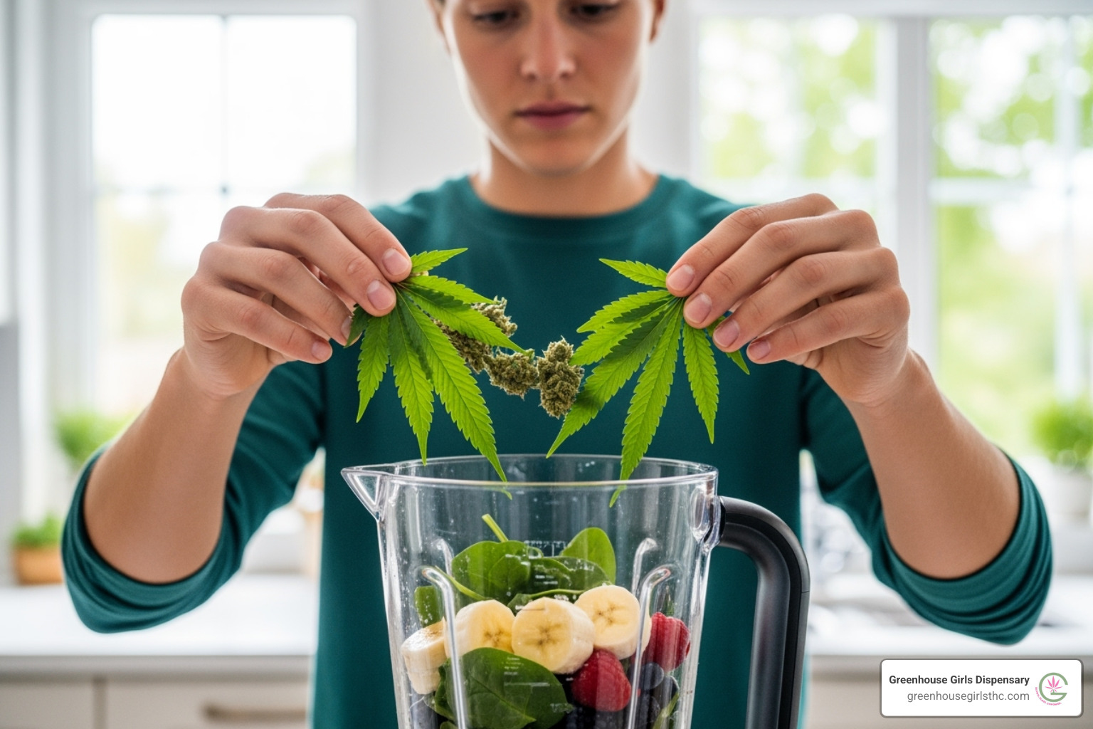 person adding raw cannabis to a smoothie - thca flower