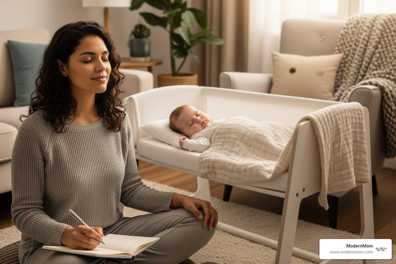 new mom meditating or journaling while her baby sleeps - new mom stress