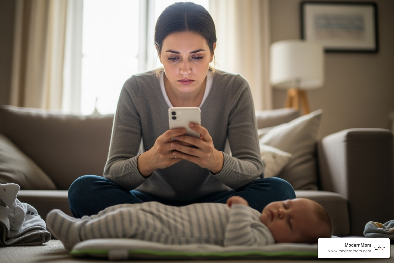 mom looking stressed while scrolling on her phone with a baby nearby - new mom stress