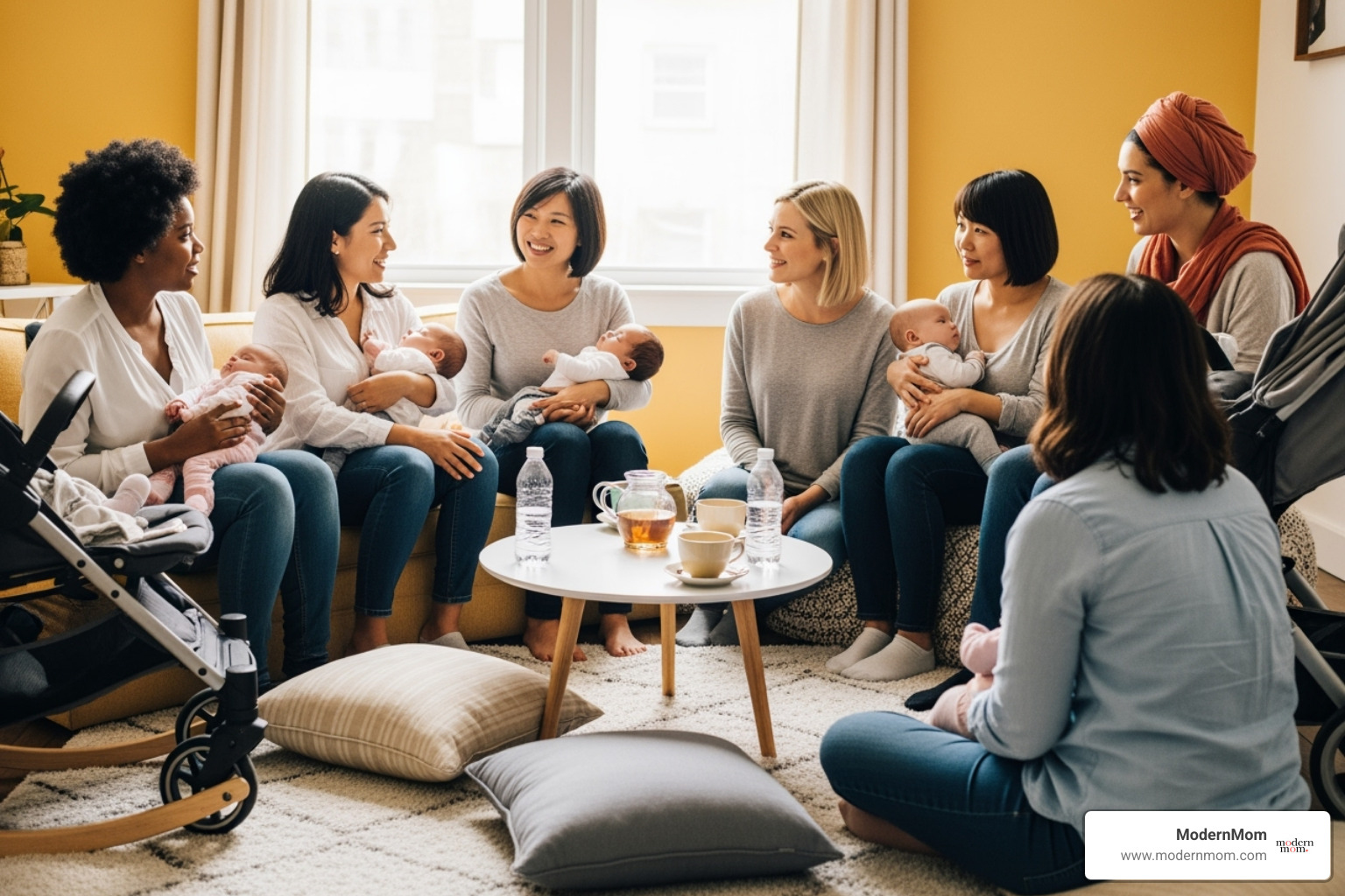 diverse group of new moms in a support group setting - new mom stress
