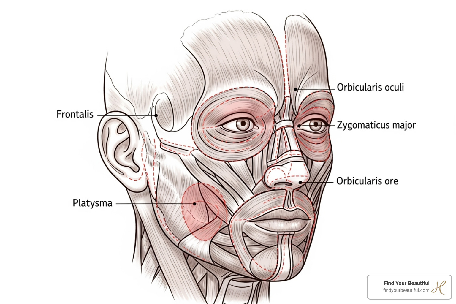 Diagram showing facial muscles and areas targeted by facelifts and injectables - plastic surgery san antonio