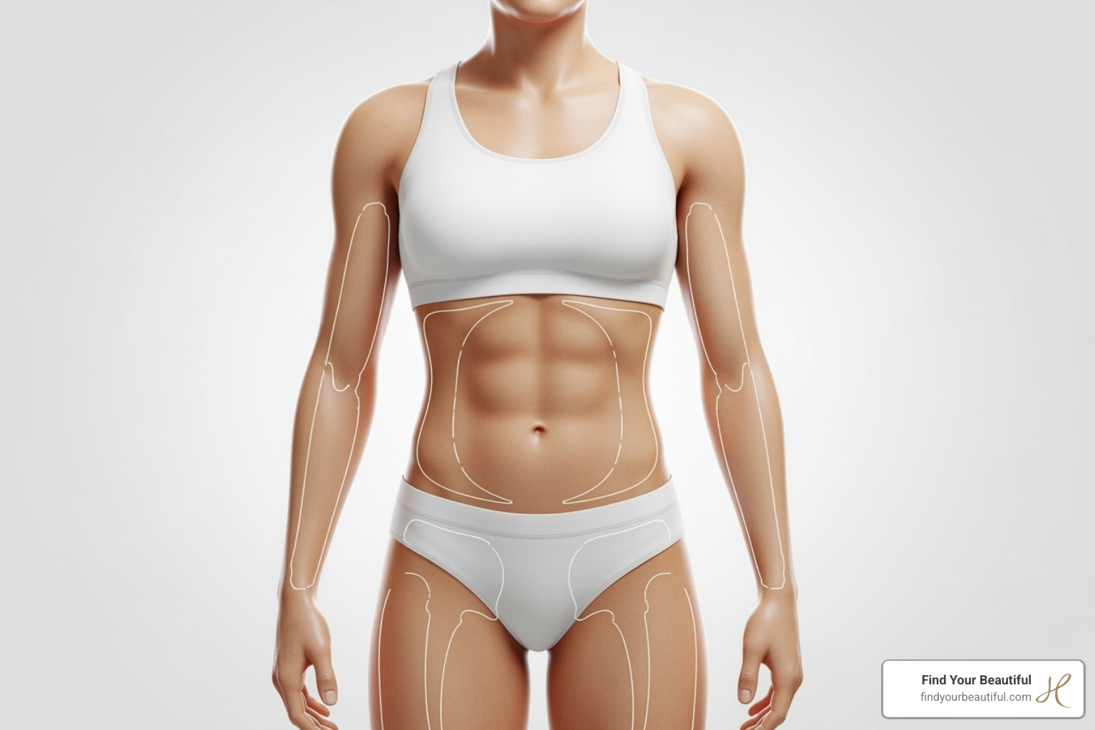 Common areas for body contouring procedures, including abdomen, flanks, thighs, and arms - plastic surgery san antonio