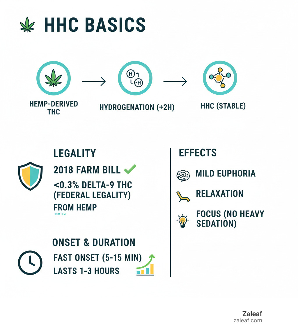Infographic showing HHC basics: HHC is created by hydrogenating hemp-derived THC, adding two hydrogen molecules to make it more stable. It's federally legal under the 2018 Farm Bill when derived from hemp with less than 0.3% Delta-9 THC. Effects include mild euphoria, relaxation, and focus without heavy sedation. Onset is fast (5-15 minutes) and lasts 1-3 hours. - HHC vape pens infographic Infographic showing HHC basics: HHC is created by hydrogenating hemp-derived THC, adding two hydrogen molecules to make it more stable. It's federally legal under the 2018 Farm Bill when derived from hemp with less than 0.3% Delta-9 THC. Effects include mild euphoria, relaxation, and focus without heavy sedation. Onset is fast (5-15 minutes) and lasts 1-3 hours. - HHC vape pens infographic