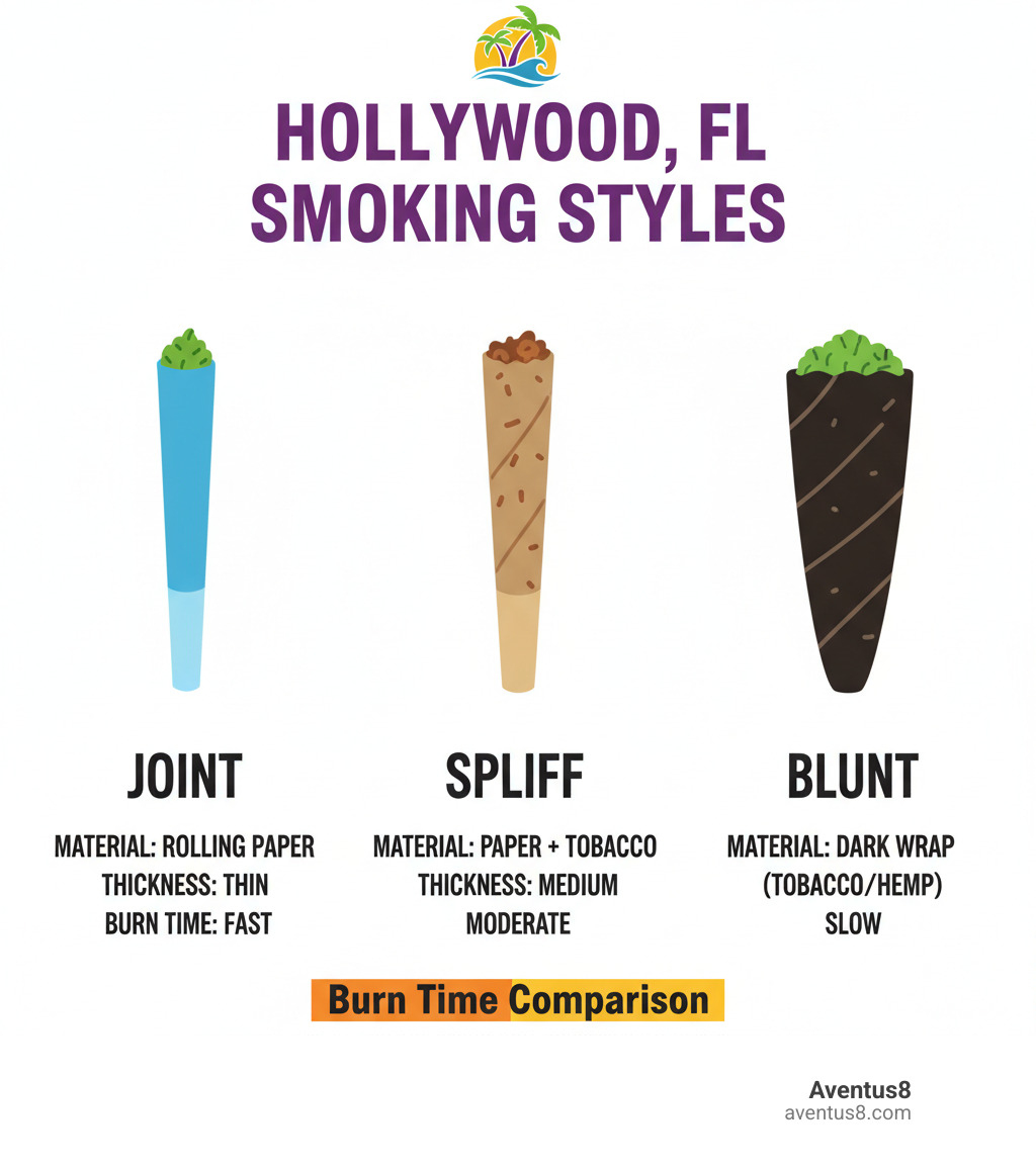 infographic showing three illustrated smoking methods side by side: a thin joint with rolling paper, a spliff with mixed tobacco and cannabis, and a thick blunt with a dark wrap—each labeled with material type, thickness, and burn time comparison, specifically highlighting popular styles in Hollywood, FL - weed wraps infographic 