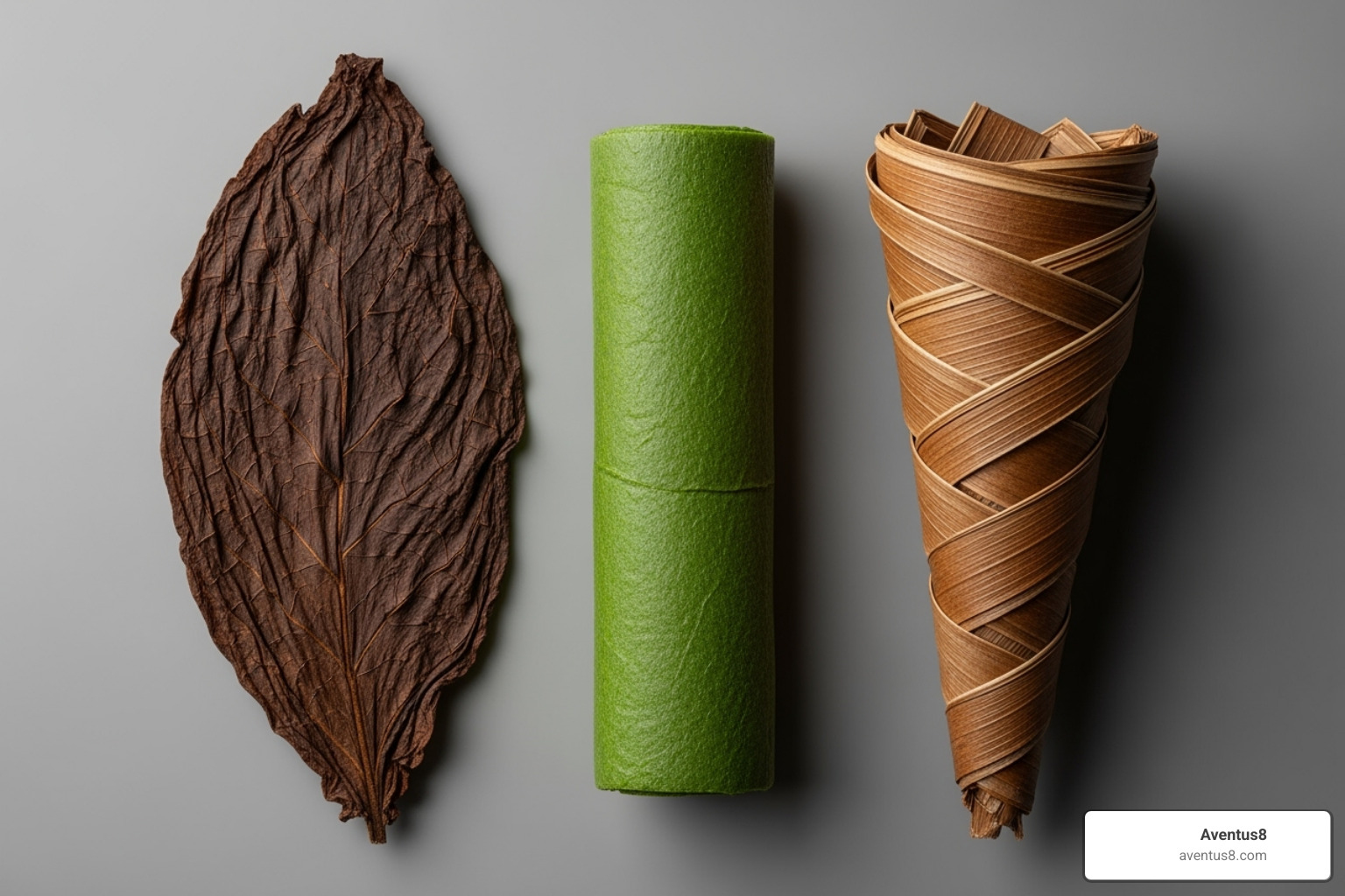 of different weed wraps displayed side-by-side: a dark, veiny tobacco leaf, a vibrant green hemp wrap, and a structured brown palm leaf cone—all available at local Hollywood, FL shops - weed wraps